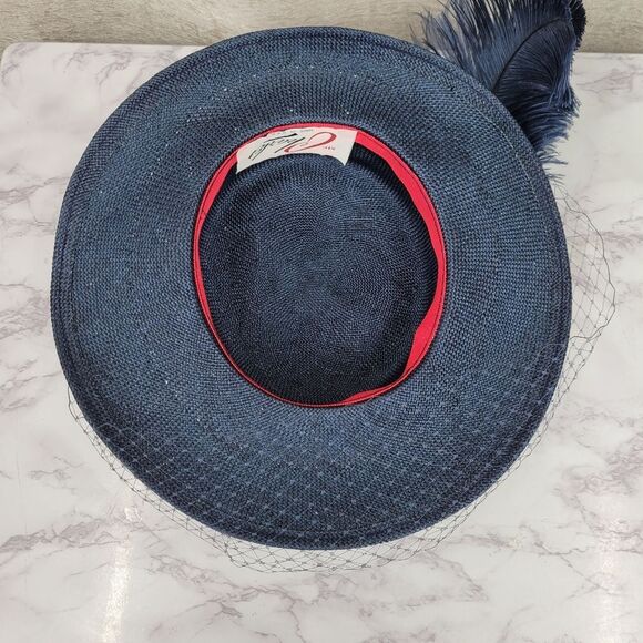 Mr Charles Vintage Navy Feathered Women's Hat With Net Veil Church Derby Straw - Picture 10 of 14